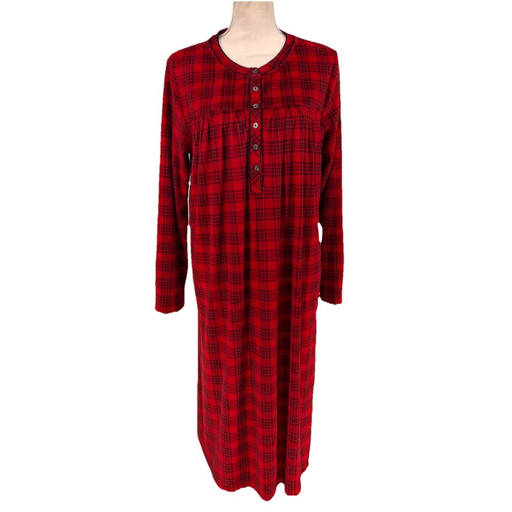Aria Collection Women's Large Long Sleeve Nightgown Red Plaid Christmas Holiday